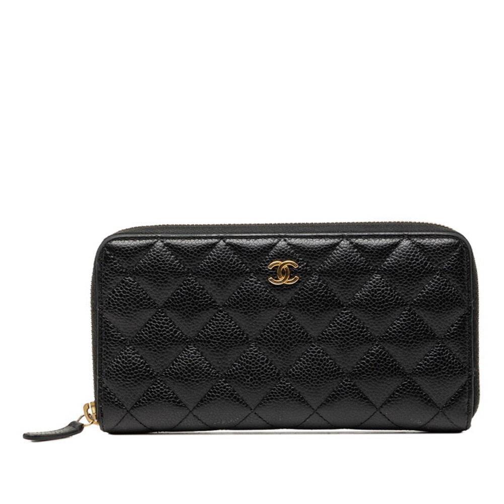 Chanel Coco Mark Matelassé Round Zip Long Wallet, Black Caviar Leather, Women...